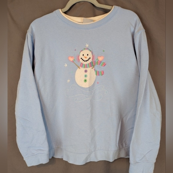 3 Designs medium snowman sweatshirt in light blue no size tag - Picture 1 of 6